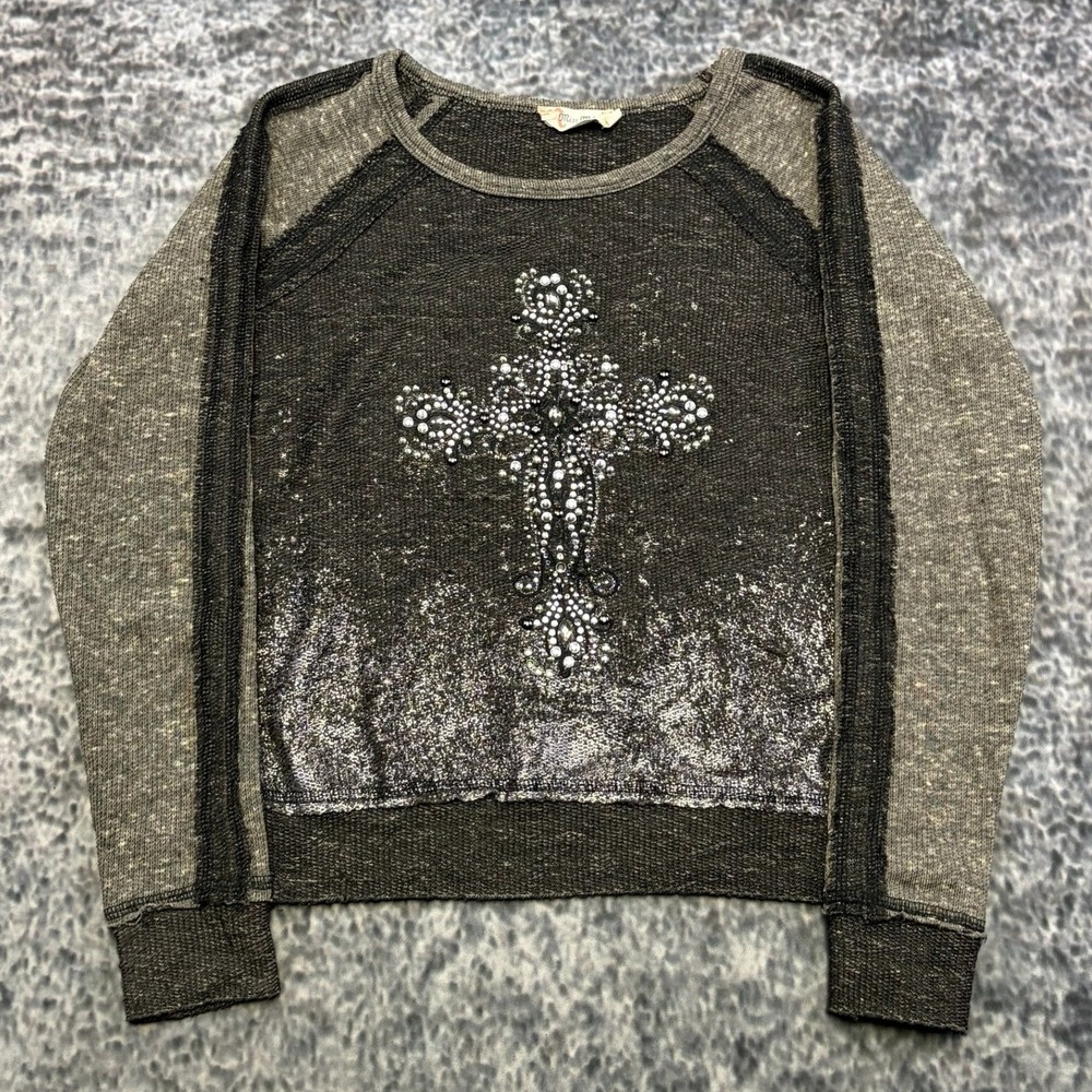 Miss Me Long Sleeve Top Shimmer Rhinestone Girls Medium Gray Cross Grunge Y2K